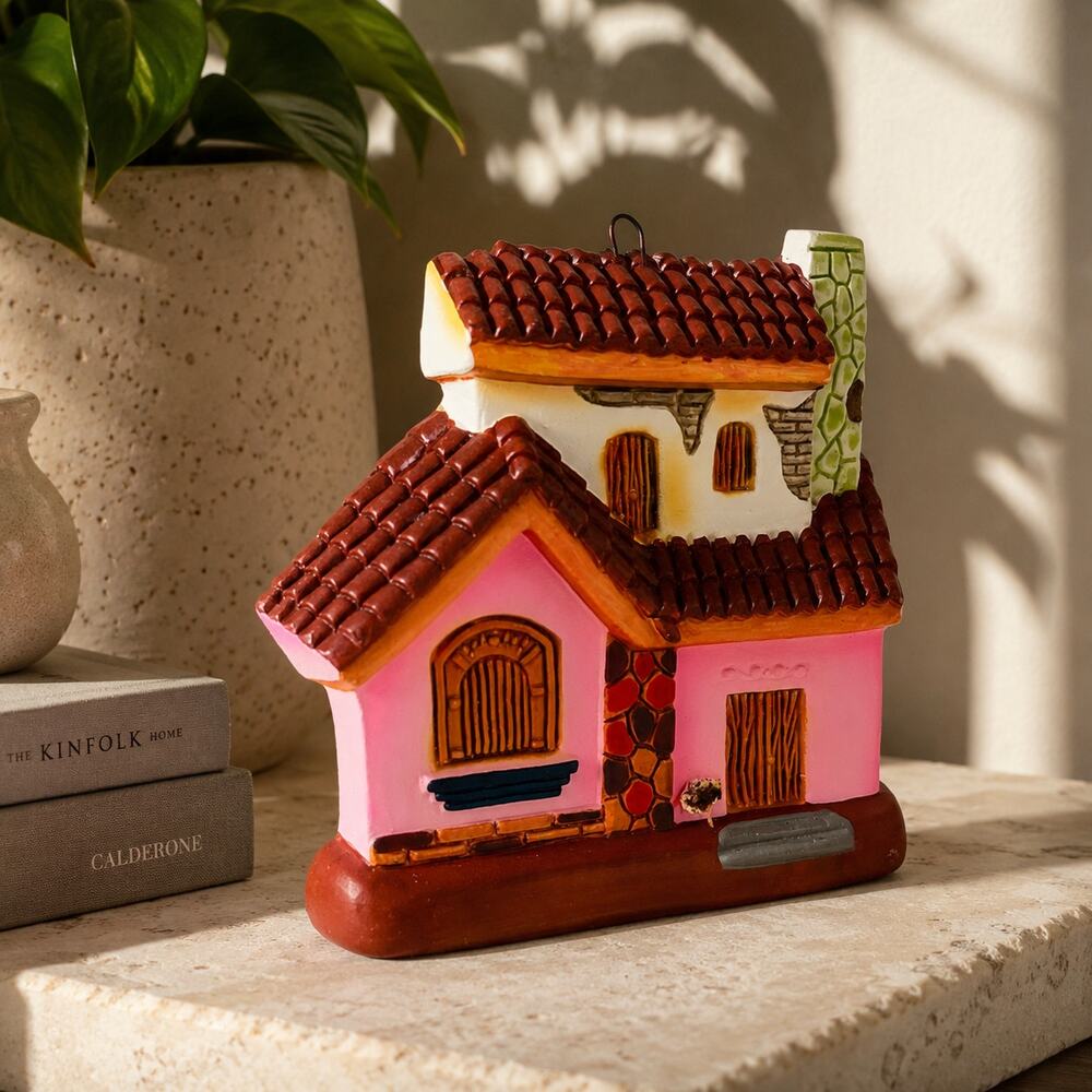 Hand-Painted Ceramic House Wall Plaque Mediterranean Folk Art 3D Decor